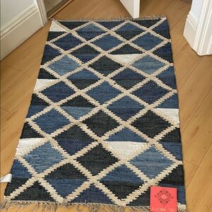 Anthropologie India handmade Blue and Cream Diamond Pattern Rug
